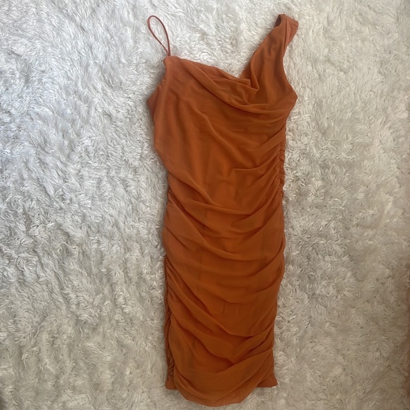 Oh polly asymmetrical bodycon ruched dress orange - Picture 4 of 7